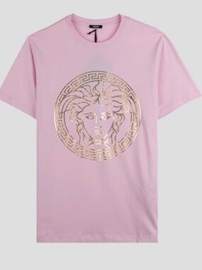 Versace Pink Short-Sleeve Tee with Gold Medusa Motif